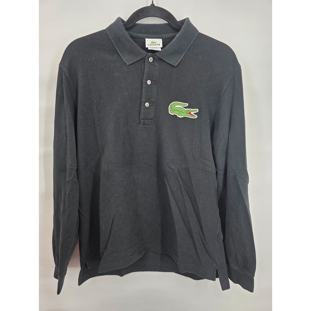 Lacoste Mens Long Sleeve Pique Polo Shirt Black Big Croc Logo Size 5 L